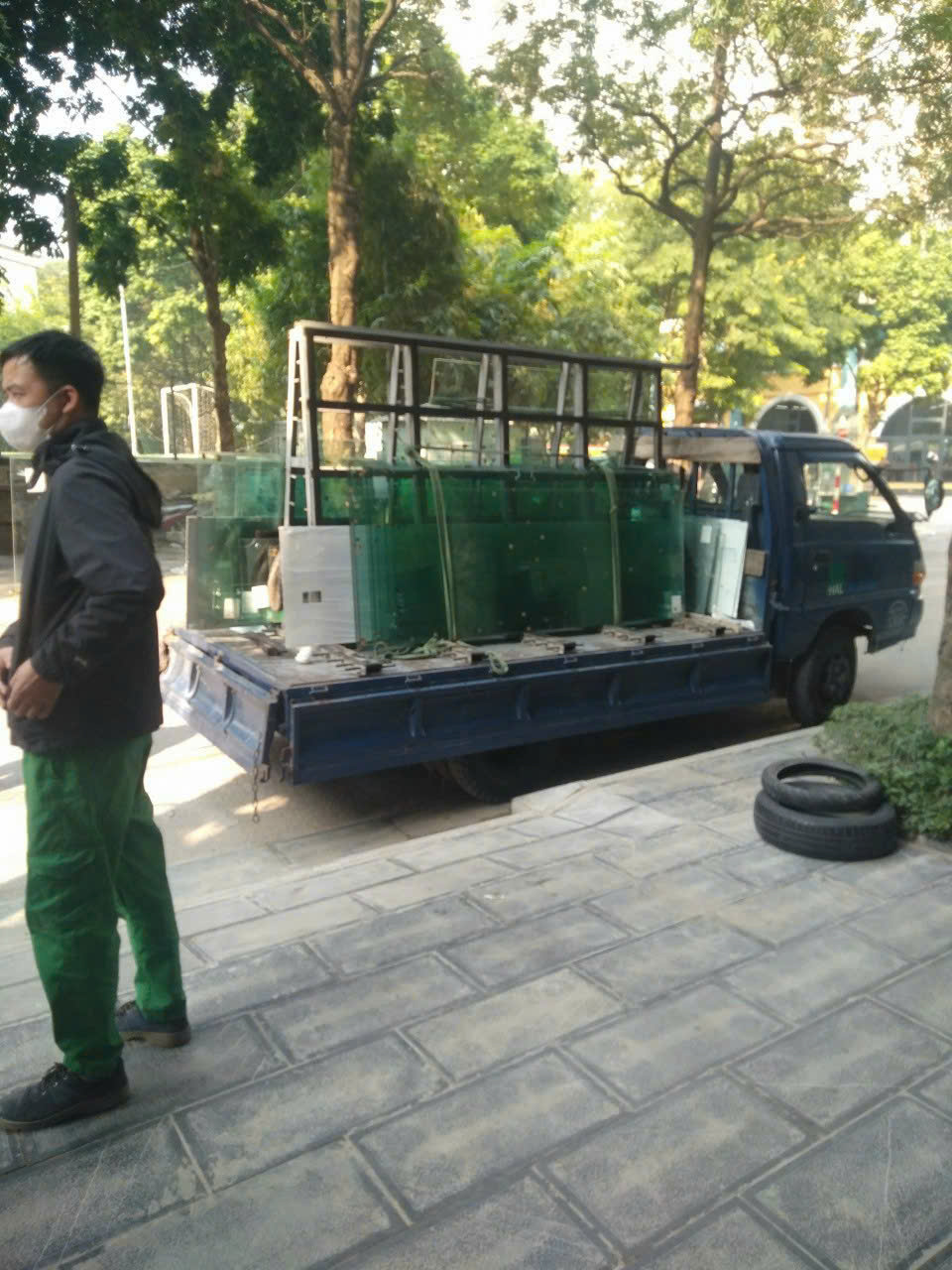 Xe chở kính đến công trình dưới tán cây trong ánh sáng ban ngày